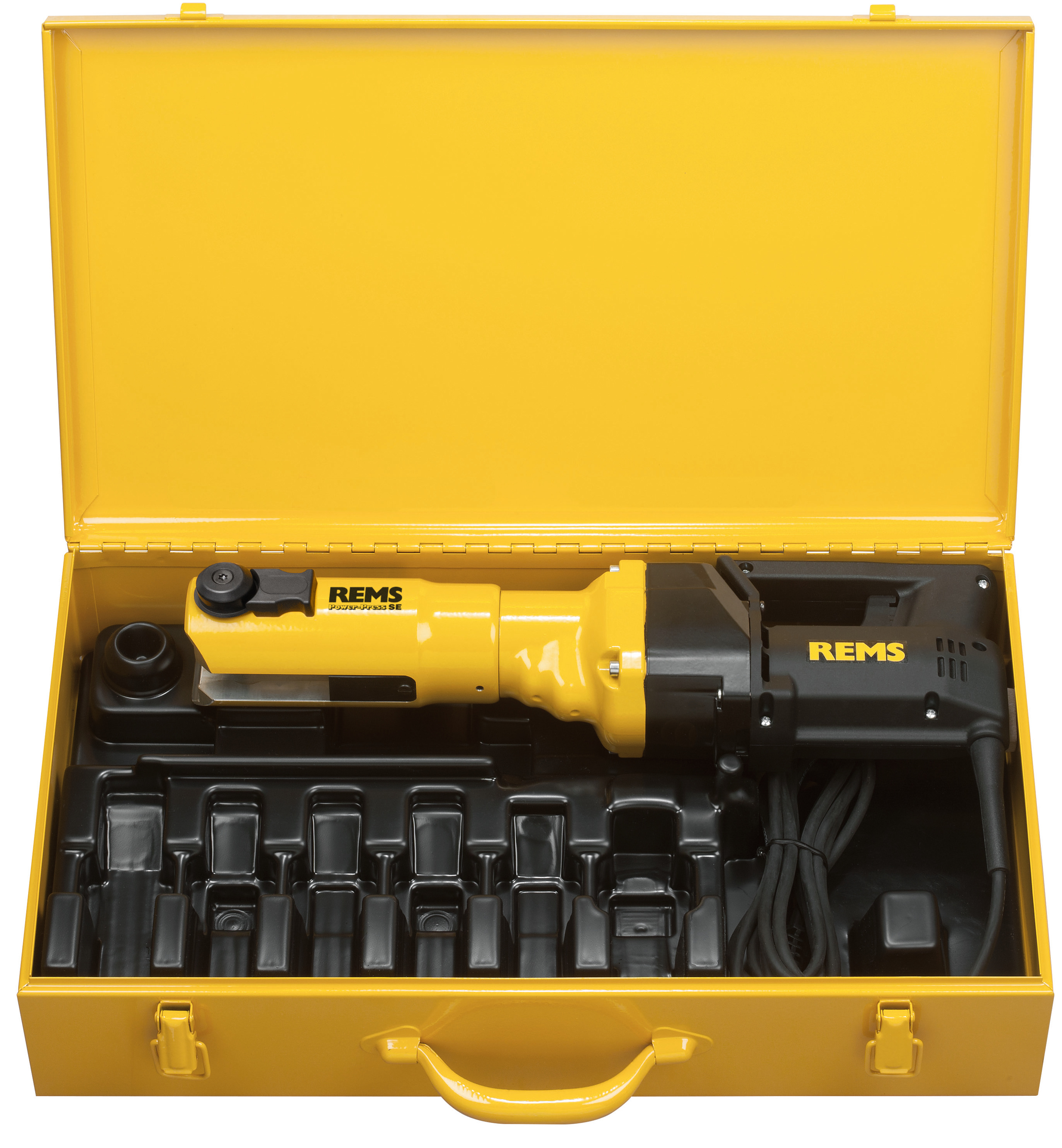 REMS Power-Press SE Radial-Pressmaschine Basis-Pack mit Koffer - 572111 + 3 Stk. VERLEGEHILFEN Presszangen TH Kontur nach Wahl