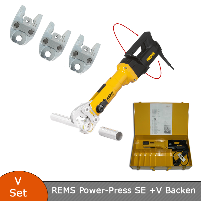 REMS Power-Press SE Radial-Pressmaschine Basis-Pack mit Koffer - 572111 + 3 Stk. VERLEGEHILFEN Presszangen V Kontur nach Wahl 