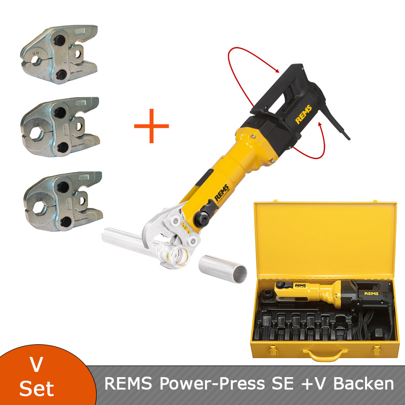 REMS Power-Press SE Radial-Pressmaschine Basis-Pack mit Koffer - 572111 + 3 Stk. VERLEGEHILFEN Presszangen V Kontur nach Wahl 
