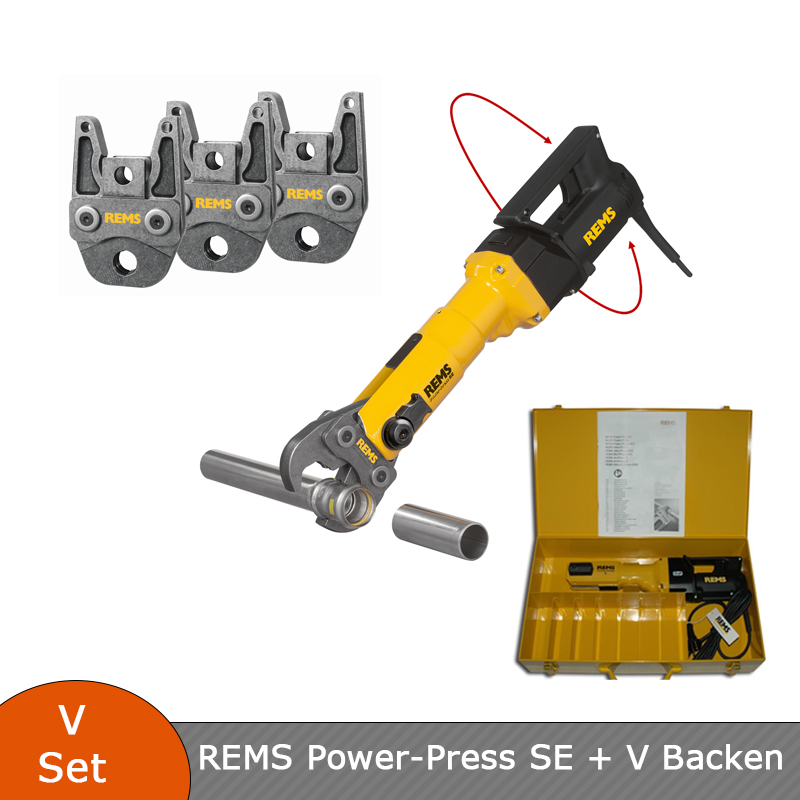 REMS Power-Press SE Radial-Pressmaschine Basis-Pack mit Koffer - 572111 + 3 Stk. REMS Presszangen V Kontur nach Wahl